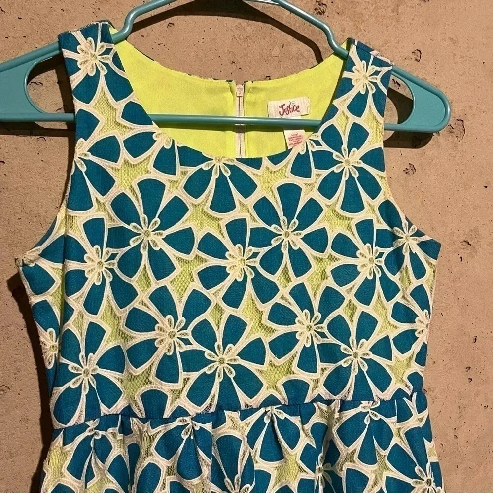 Justice Girls Dress Size 12 Lace Blue Lined Neon Green Floral Summer Party